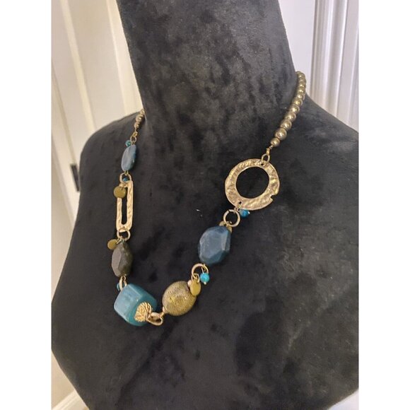 Chunky Aqua Green Gold 20" - 24" Necklace Beaded Art - Picture 2 of 6